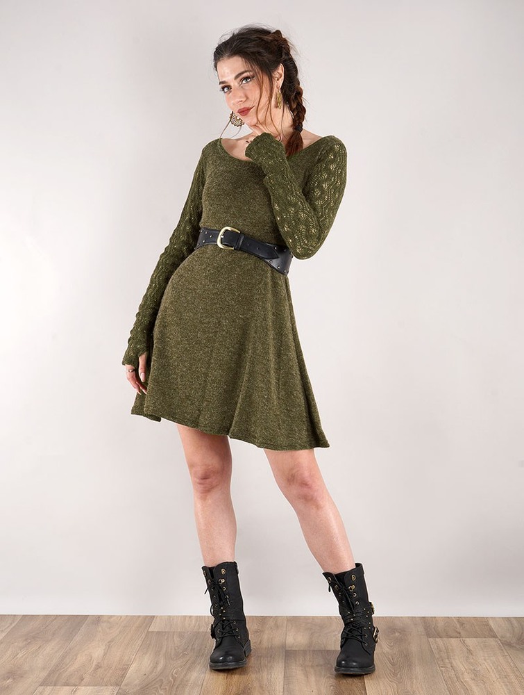 Toonzshop Oroshï Crochet Sleeve Sweater Dress Ruha Női Khaki | YITMEWO-49