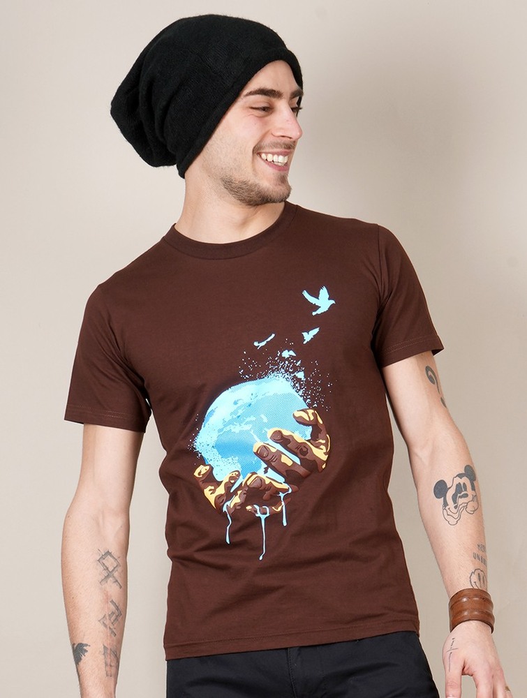 Toonzshop Planet Printed Short Sleeve T-shirt Póló Férfi Barna | AWXNVHO-25