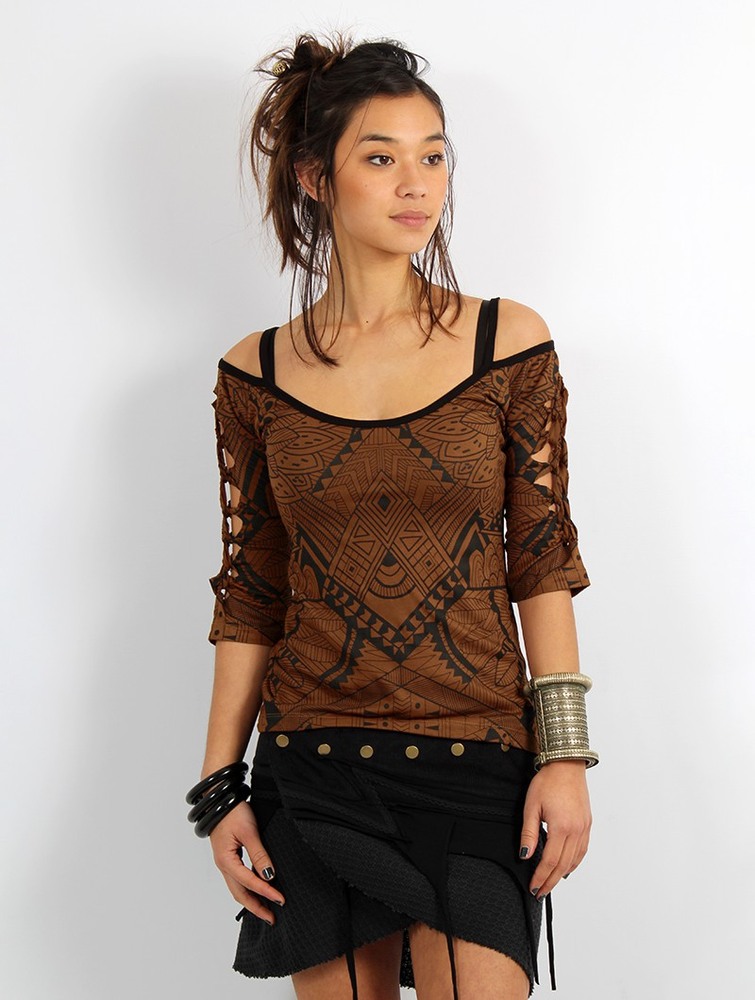 Toonzshop Sedna Africa Cut Out Braided Back And 3/4 Sleeve Printed Top Melltartók Női Barna | UCOGKVH-52