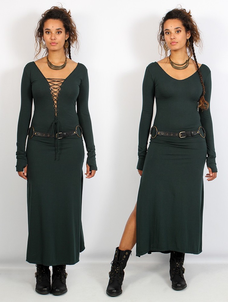 Toonzshop Valkyrie Lace-up Split Long Dress Ruha Női Páva | ANUBWLS-74