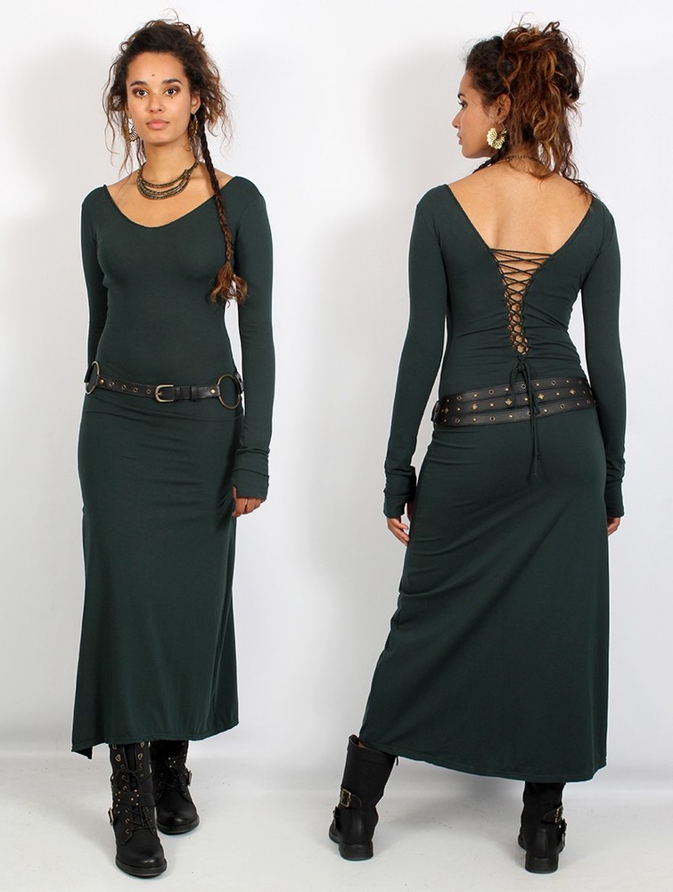 Toonzshop Valkyrie Lace-up Split Long Dress Ruha Női Páva | ANUBWLS-74