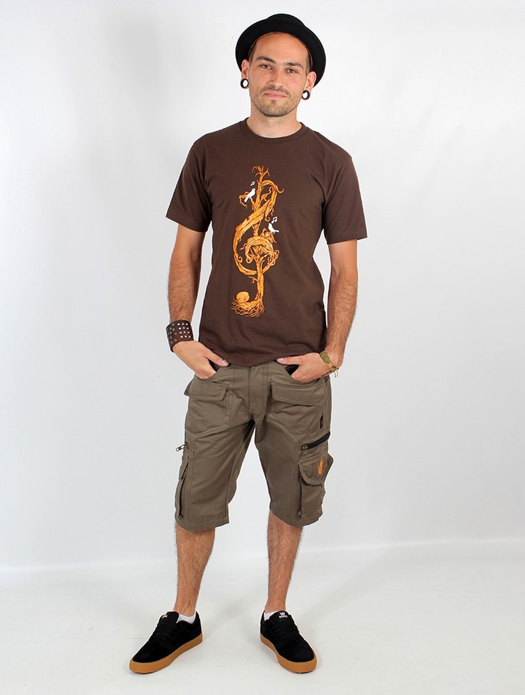 Toonzshop Vegetal Treble Clef Printed Short Sleeve T-shirt Póló Férfi Barna | LHDPSXO-03